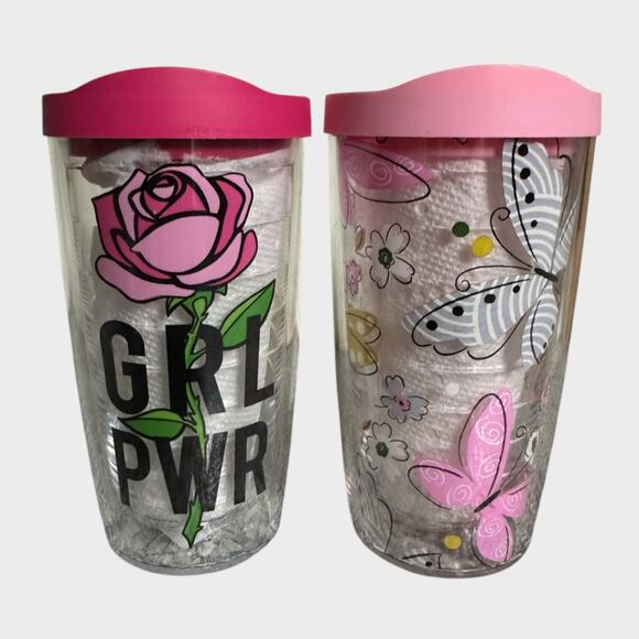 Tervis Lot of 2 Pink Girl Power Rose Butterflies 16 Ounce with Lid - Picture 2 of 11